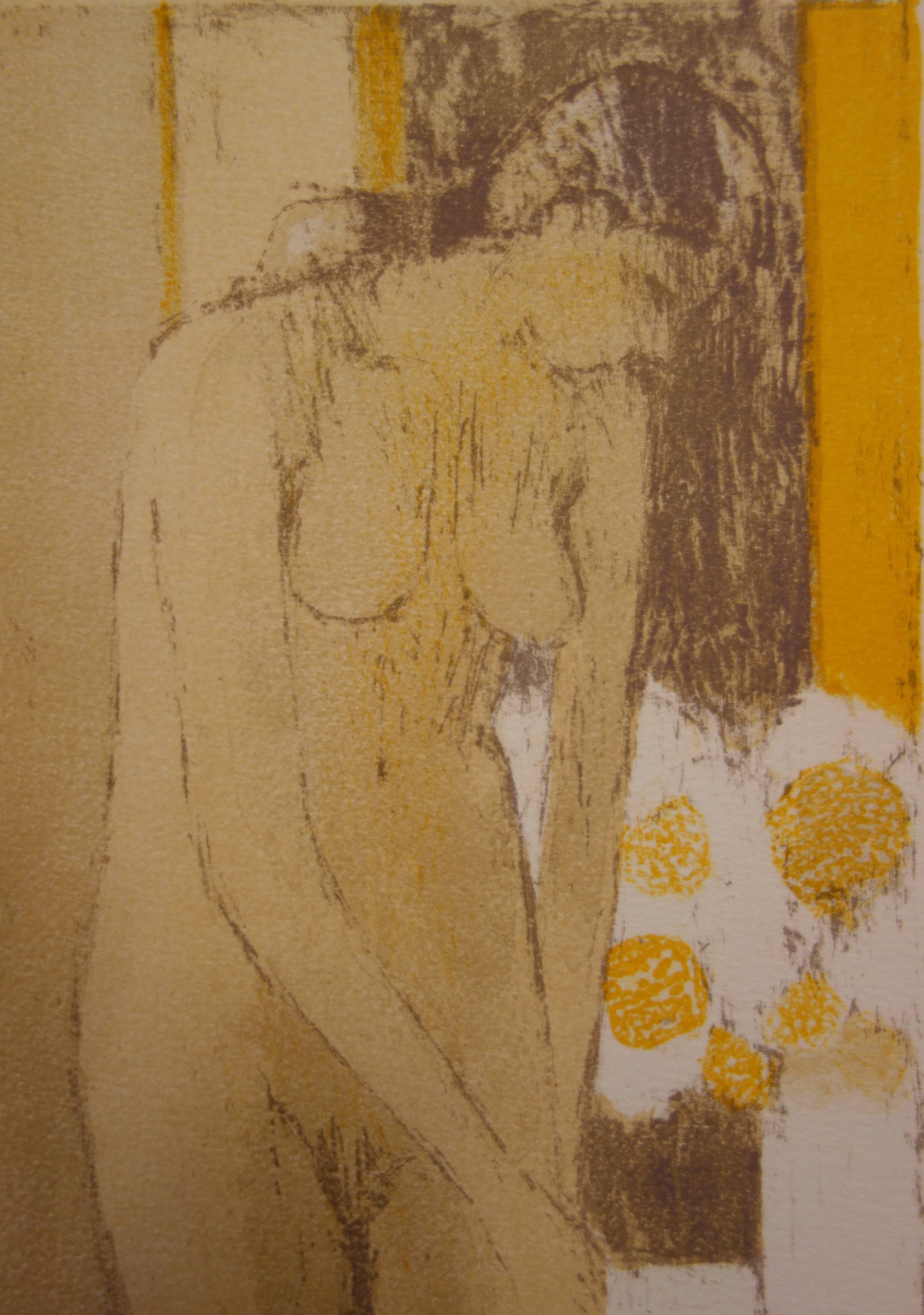 Nude mit Blumenstrauß - Handsignierte Lithographie /75ex - Mourlot 1974 (Amerikanische Moderne), Print, von Bernard Cathelin