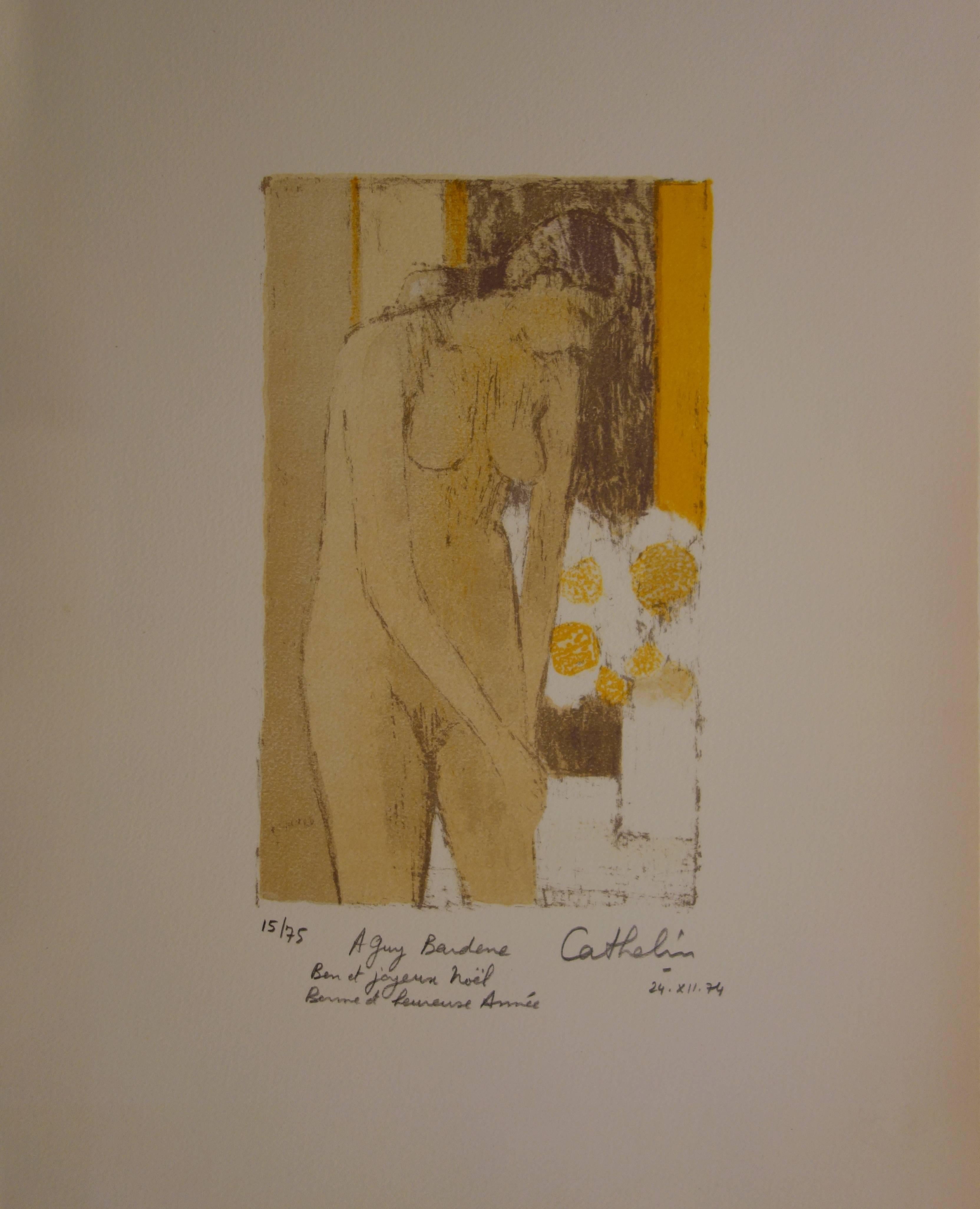 Bernard Cathelin Interior Print - Nude with Bouquet of Flowers - Handsigned lithograph /75ex - Mourlot 1974