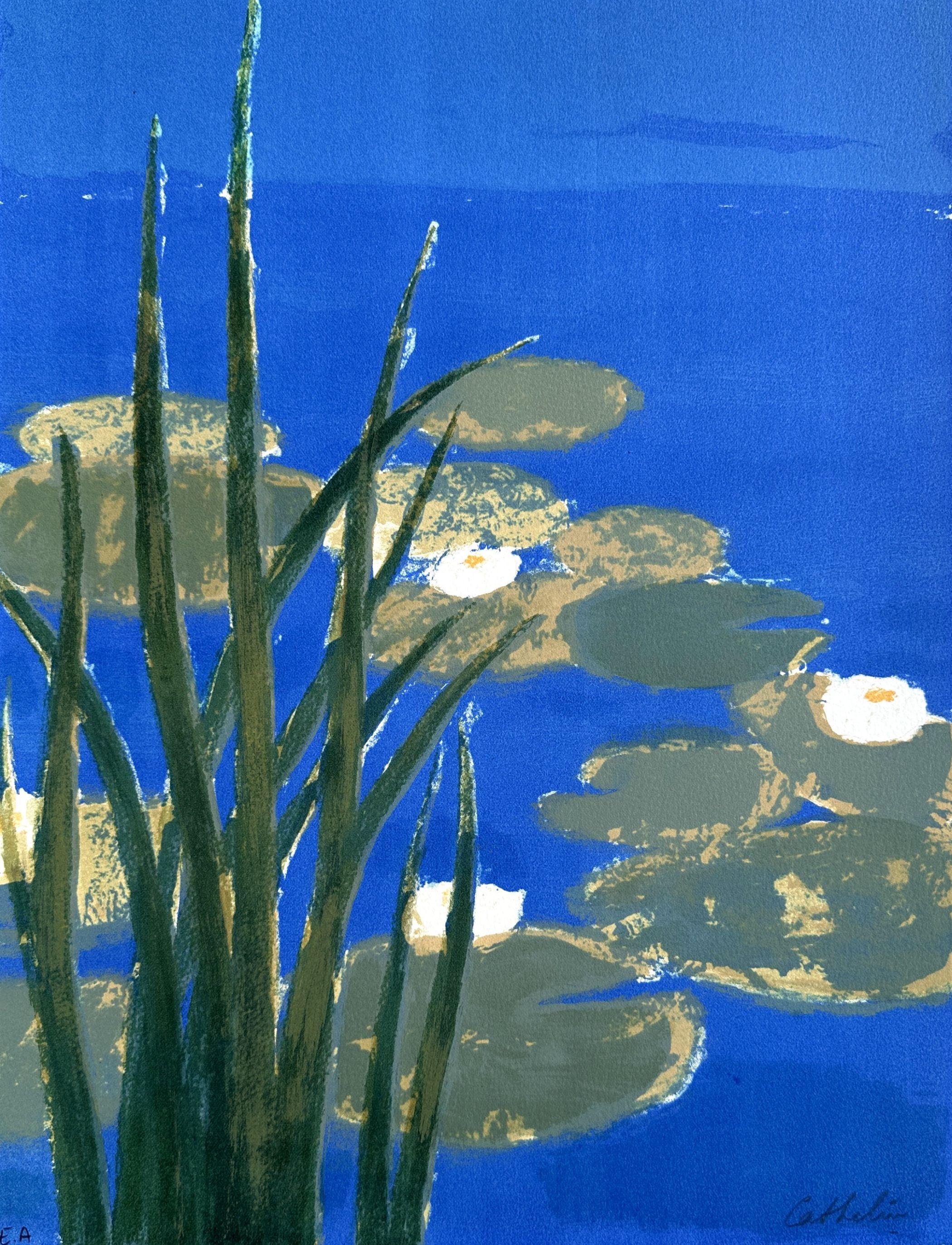 Aquarell-Wasserlilien – Originallithographie, handsigniert – 100 Exemplare