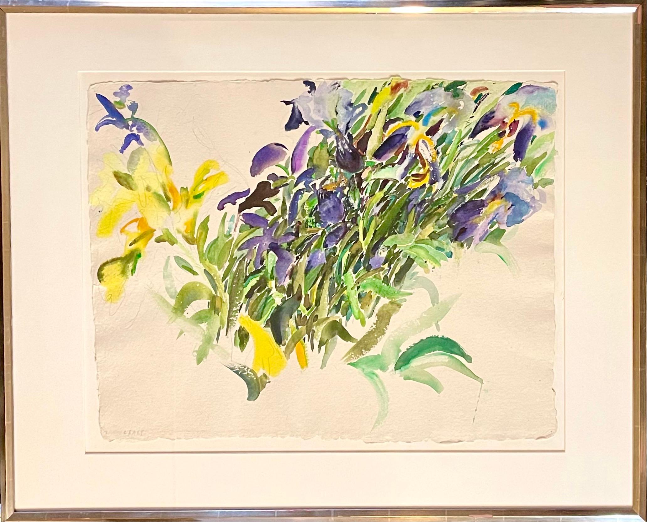 Handsignierte Schwertlilien (lila und gelbe Blüten)
30 X 37 gerahmt. 20.5 X 26,5 Blatt ohne Rahmen.

Bernard Chaet (geb. 1924, Boston, MA - 2012) war ein amerikanischer Künstler. Chaet ist bekannt für seine farbenfrohen, dynamischen modernistischen