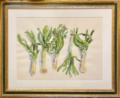 Grande peinture à l'aquarelle moderniste américaine Leeks Bernard Chaet, expressionniste