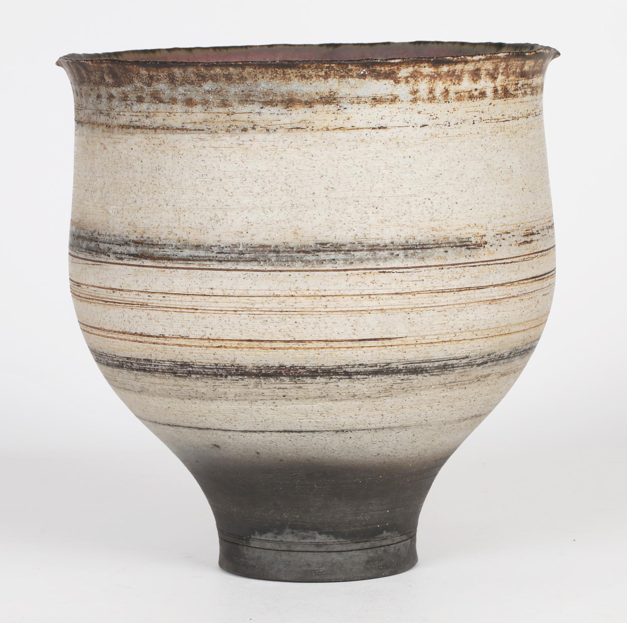 20th Century Bernard Charles Large Oatmeal Linear Design Studio Pottery Vase