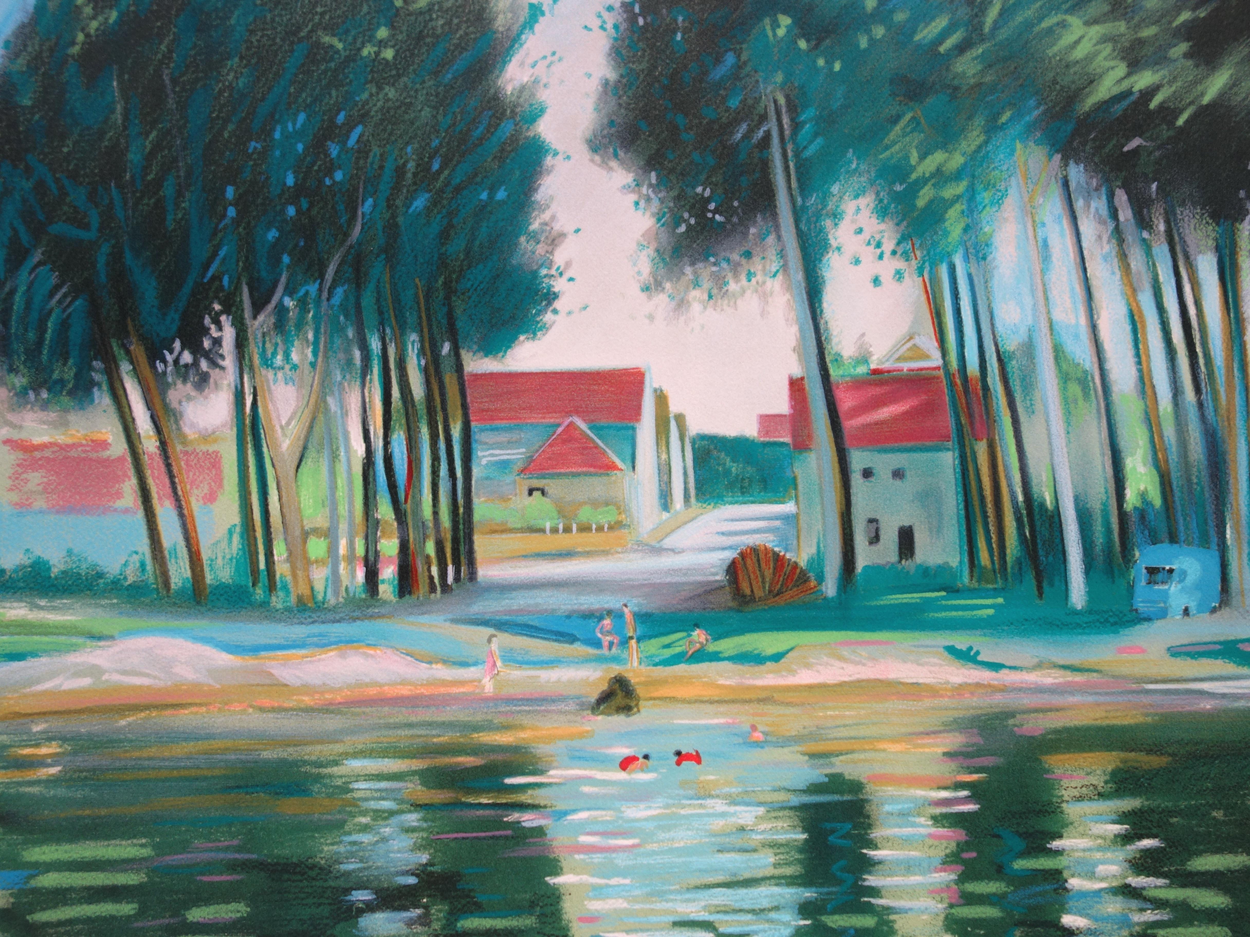 Ufer der Marne, Frankreich - Original handsignierte Lithographie (Realismus), Print, von Bernard Collet