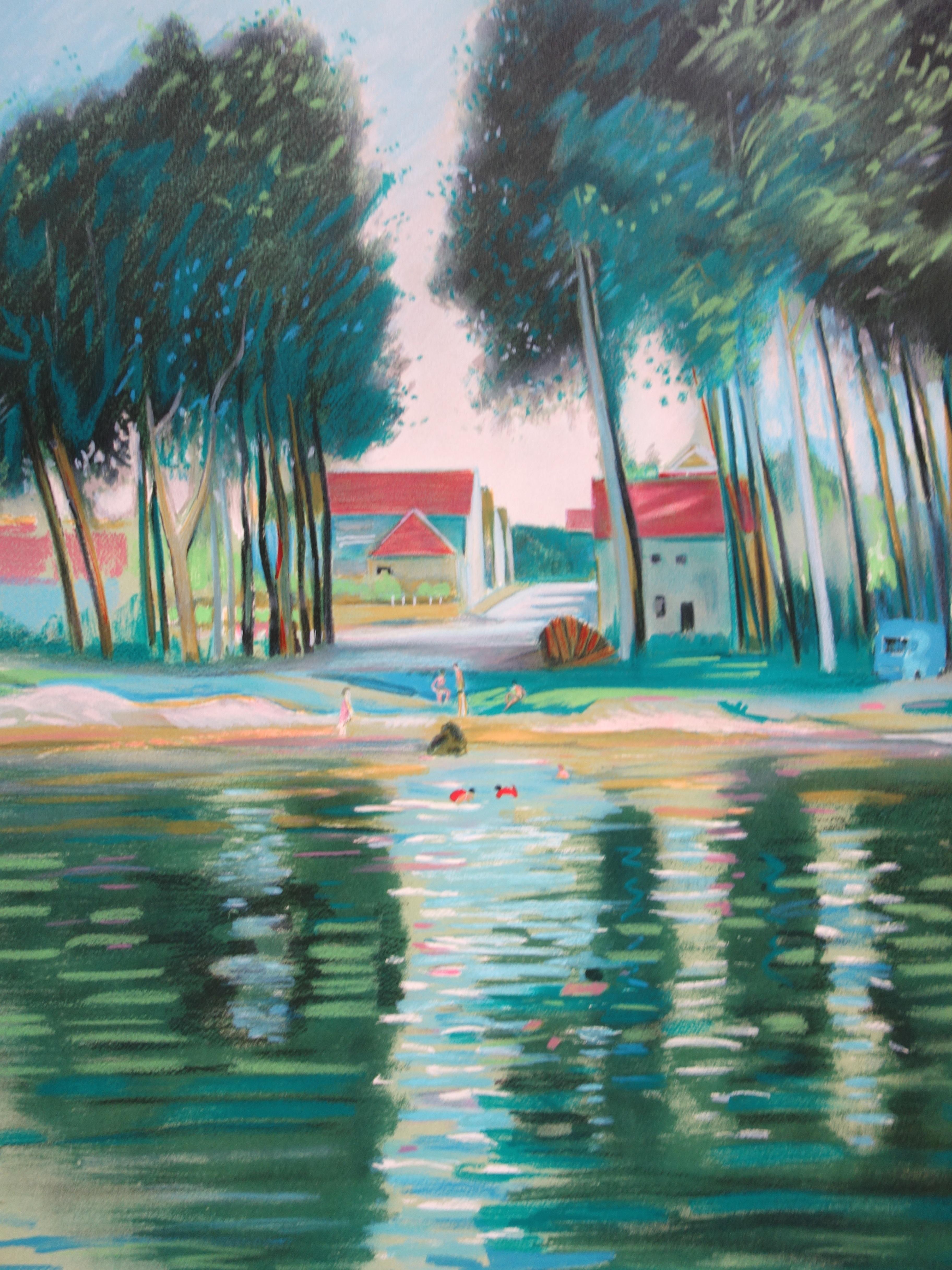 Ufer der Marne, Frankreich - Original handsignierte Lithographie (Grau), Landscape Print, von Bernard Collet