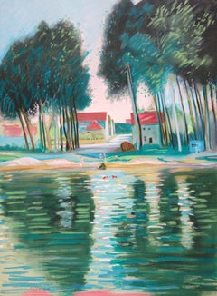 Berges de la Marne, France - Lithographie originale signée de la main de l'artiste