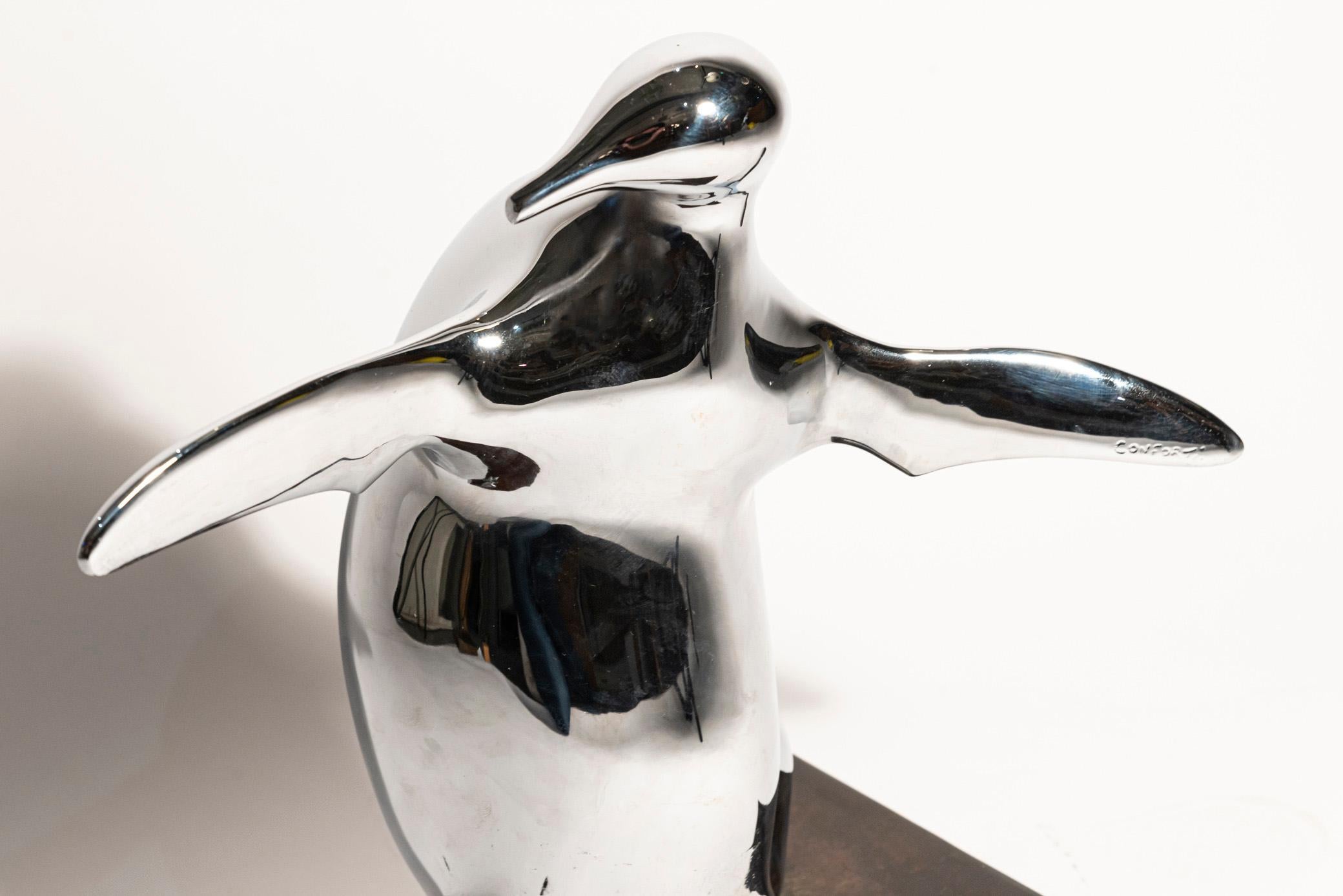 Bernard Conforti, Penguin Sculpture, Chromed Metal, Signed, circa 2010 1
