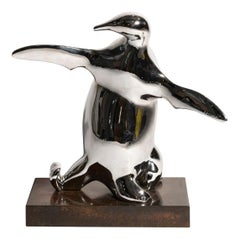 Bernard Conforti, Penguin Sculpture, Chromed Metal, Signed, circa 2010