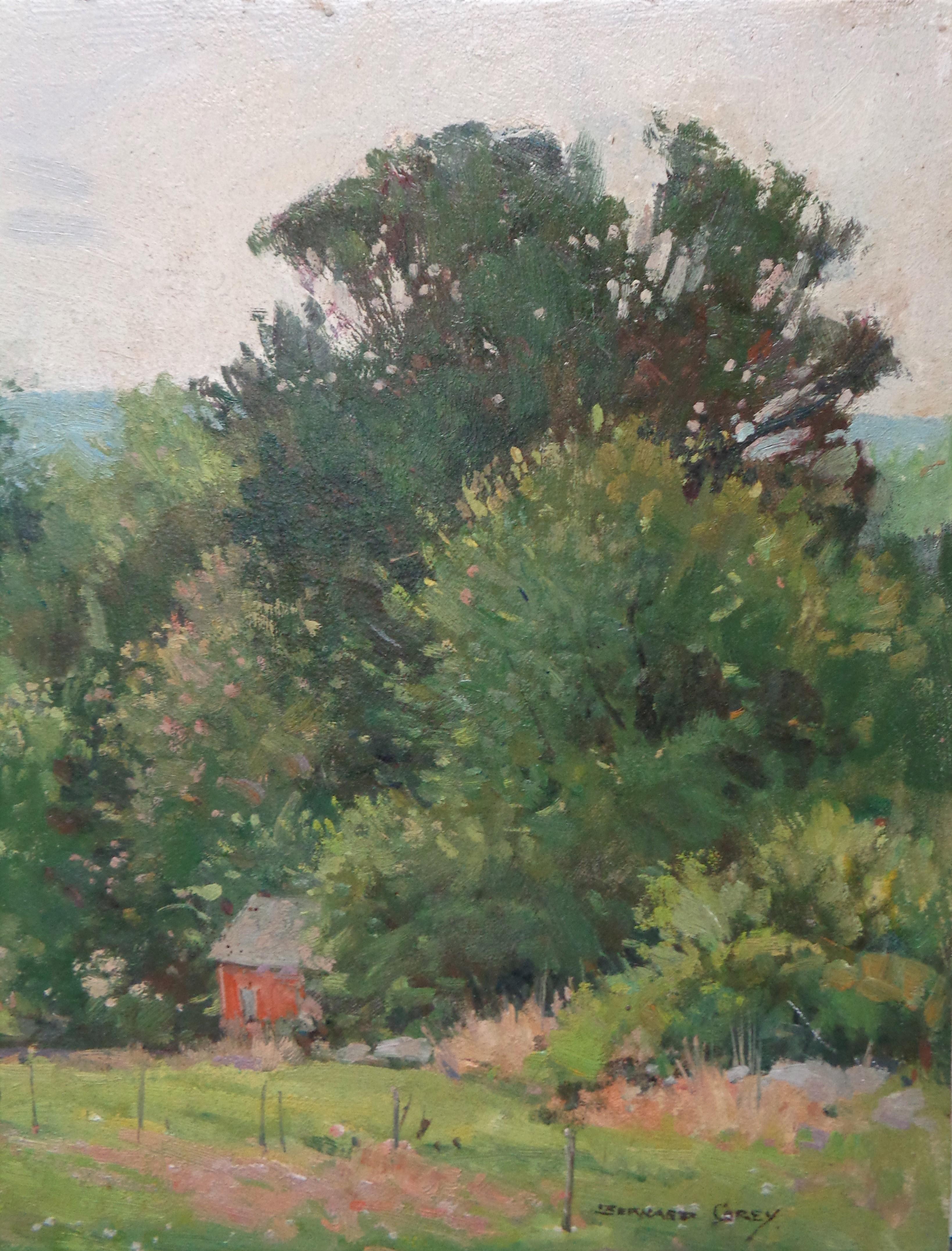This painting
Spring/Summer Landscape
oil/ panel,  image is 10 1/8 x 13 7/8 unframed, could benefit from a cleaning. In as untouched purchased condition. Signed LR.
Bernard Corey (1914-2000)
Bernard Corey is one of New England's most beloved