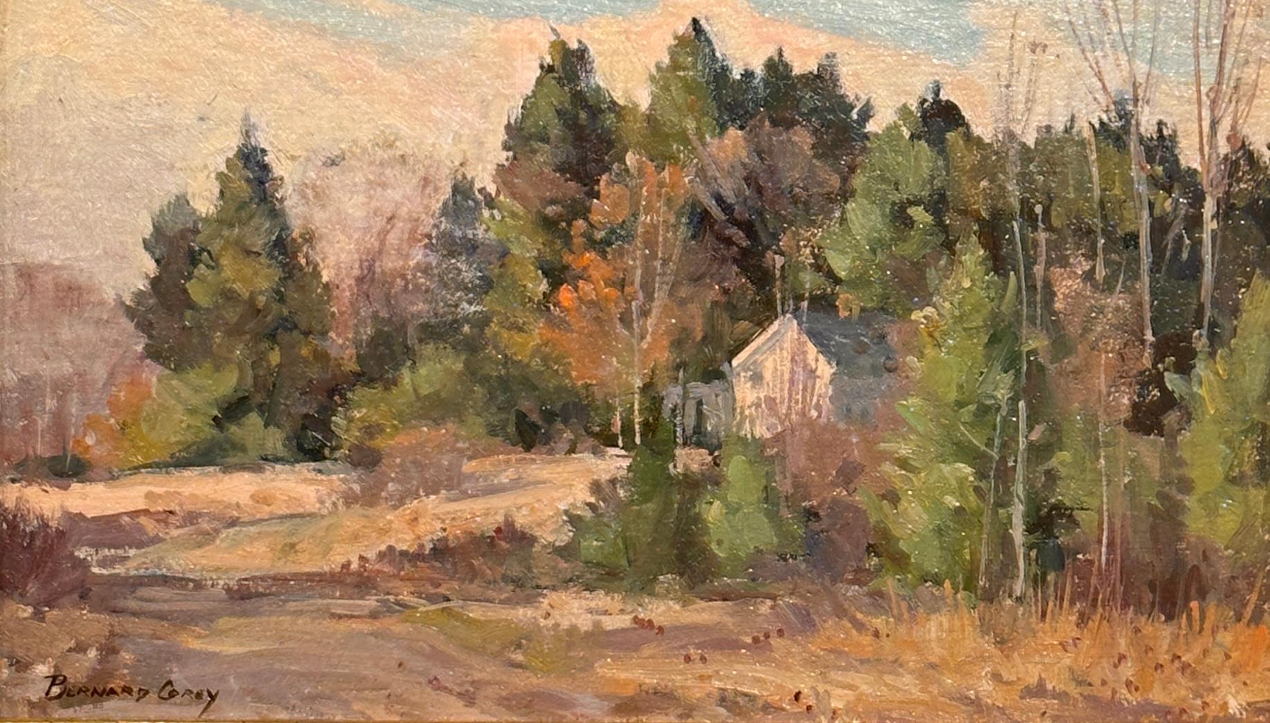 Este cuadro, "Escondido (Hogar en el bosque)", de Bernard Corey, capta un paisaje sereno y boscoso con una pequeña casa escondida rodeada de árboles. La atención que Corey presta a la luz natural que se filtra a través de los árboles resalta la