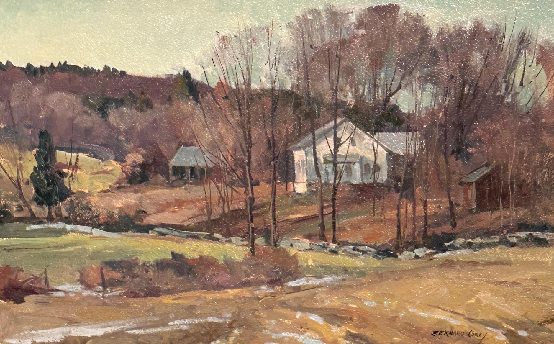 Größe des Gemäldes ohne Rahmen: 9 "x14"
Größe des Gemäldes mit Rahmen: 15 "x20"

Diese friedliche Neuengland-Landschaft von Bernard Corey zeigt eine ruhige Farm, auf der der Winter in den Frühling übergeht. Mit sanften Farben und sorgfältiger