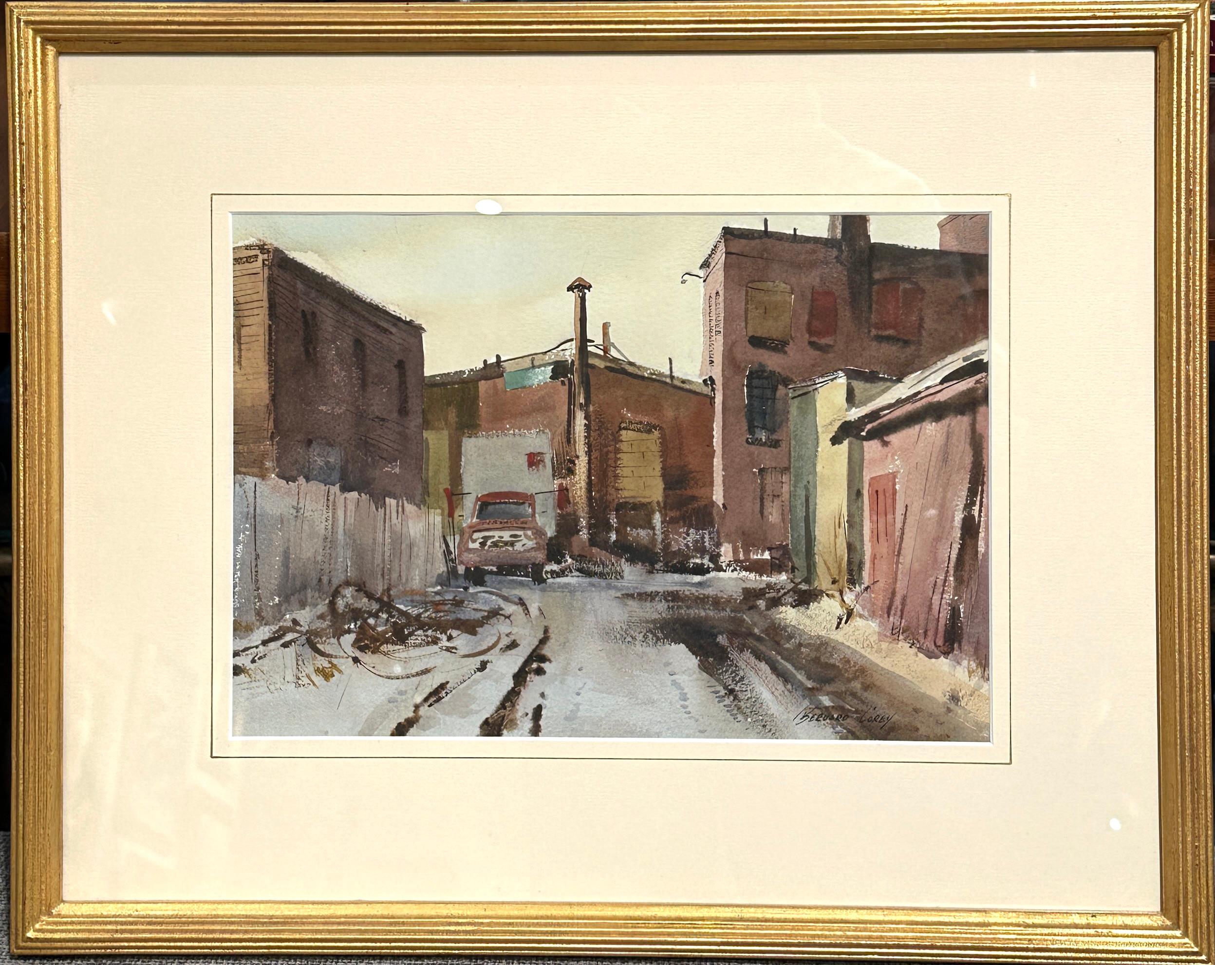 Bernard Corey Aquarell- urbane Stadtlandschaftsssszene im Angebot 1