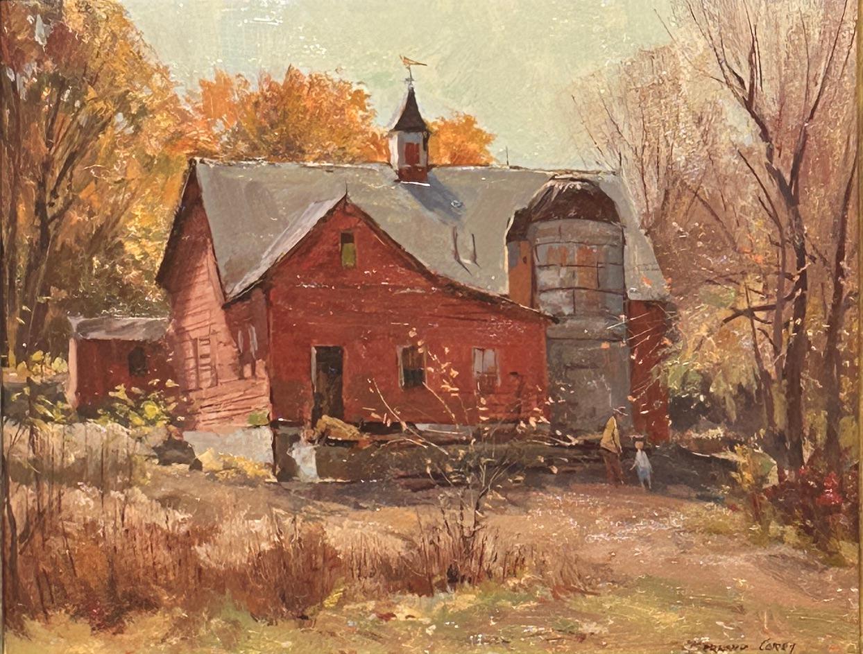 Landscape Painting Bernard Corey - "This Place" grande scène de ferme avec grange rouge et personnages par un artiste célèbre 