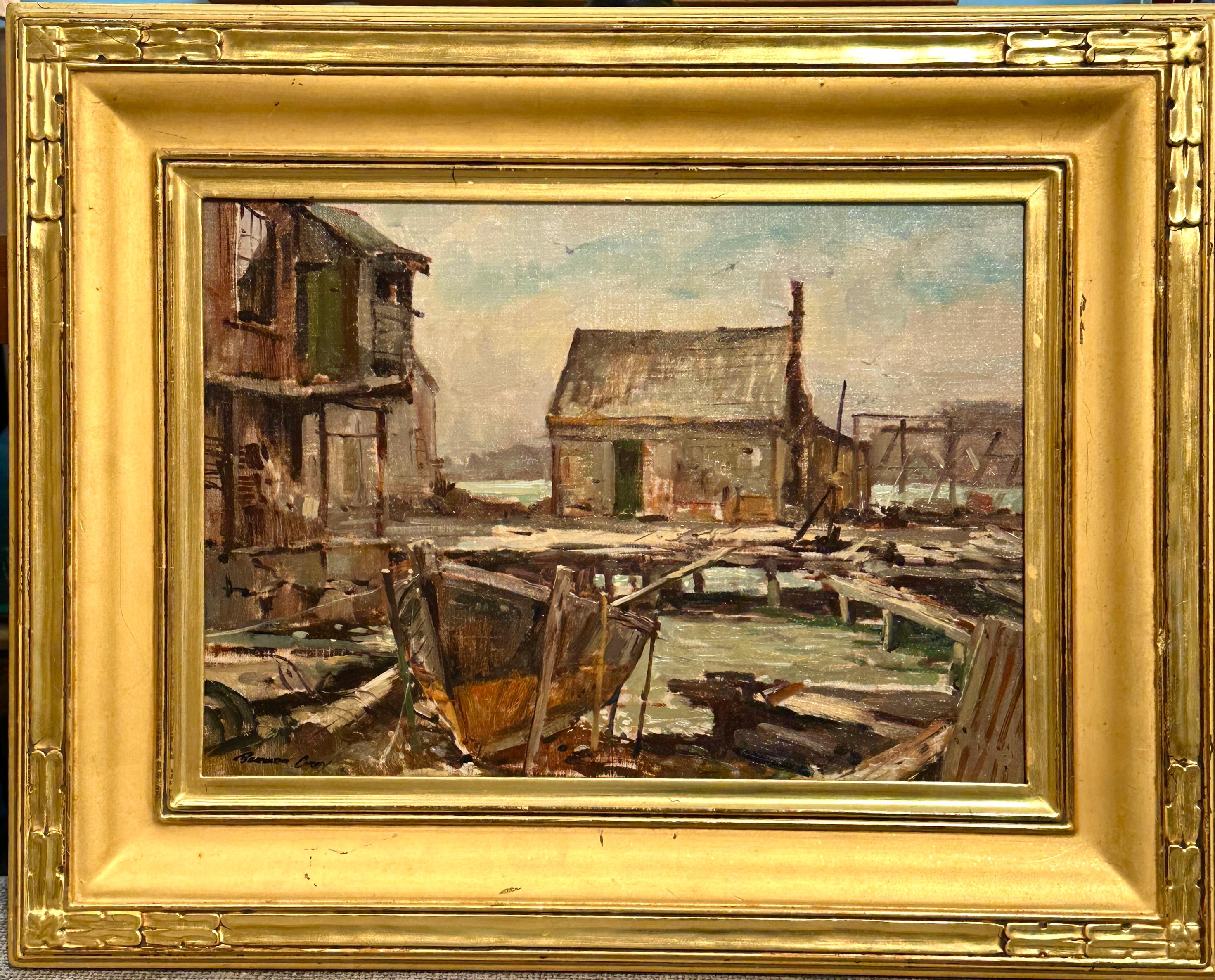 Harbor Dock-Szene mit Boot von Bernard Corey aus Neuengland im Angebot 1
