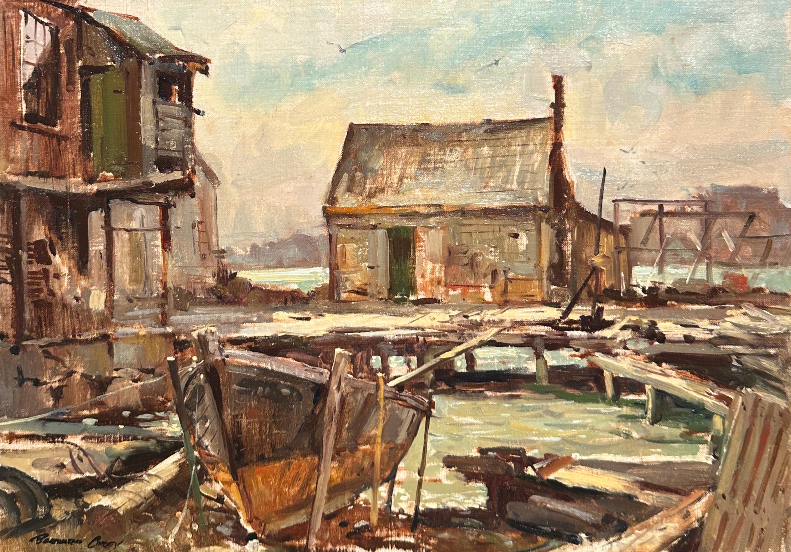 In Dock Scene fängt der amerikanische Künstler Bernard Corey die stille Schönheit eines Hafens in Neuengland ein. Coreys lockere, ausdrucksstarke Pinselführung und die erdigen Farbtöne spiegeln die Merkmale des amerikanischen Impressionismus wider.