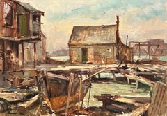 New England Harbor Dock Scene with Boat by Bernard Corey