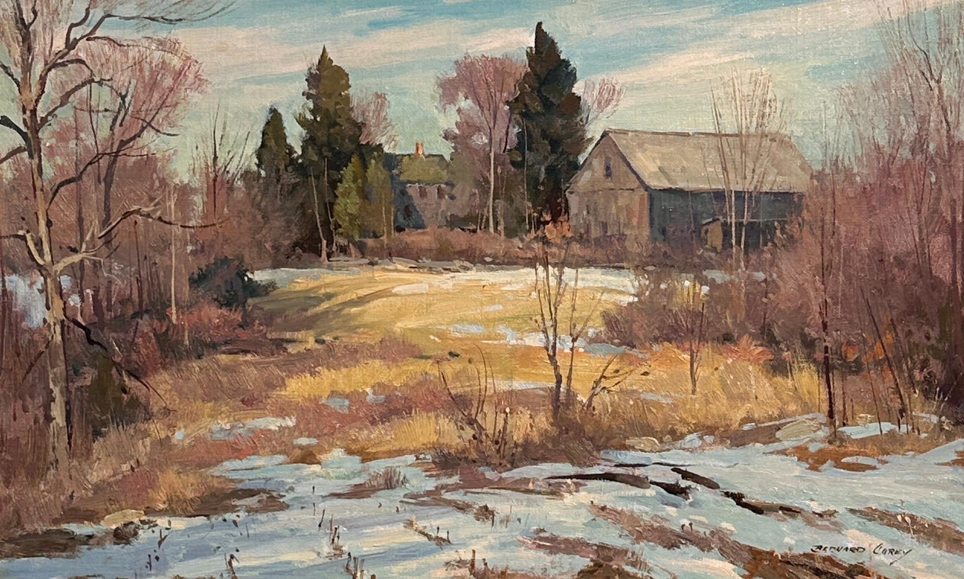 "Quiet Fields of Winter" di Bernard Corey è un bellissimo paesaggio che mette in mostra il suo eccezionale talento nel ritrarre tranquille scene rurali in tutto il New England, in particolare in Massachusetts, Vermont e New Hampshire. Il lavoro di