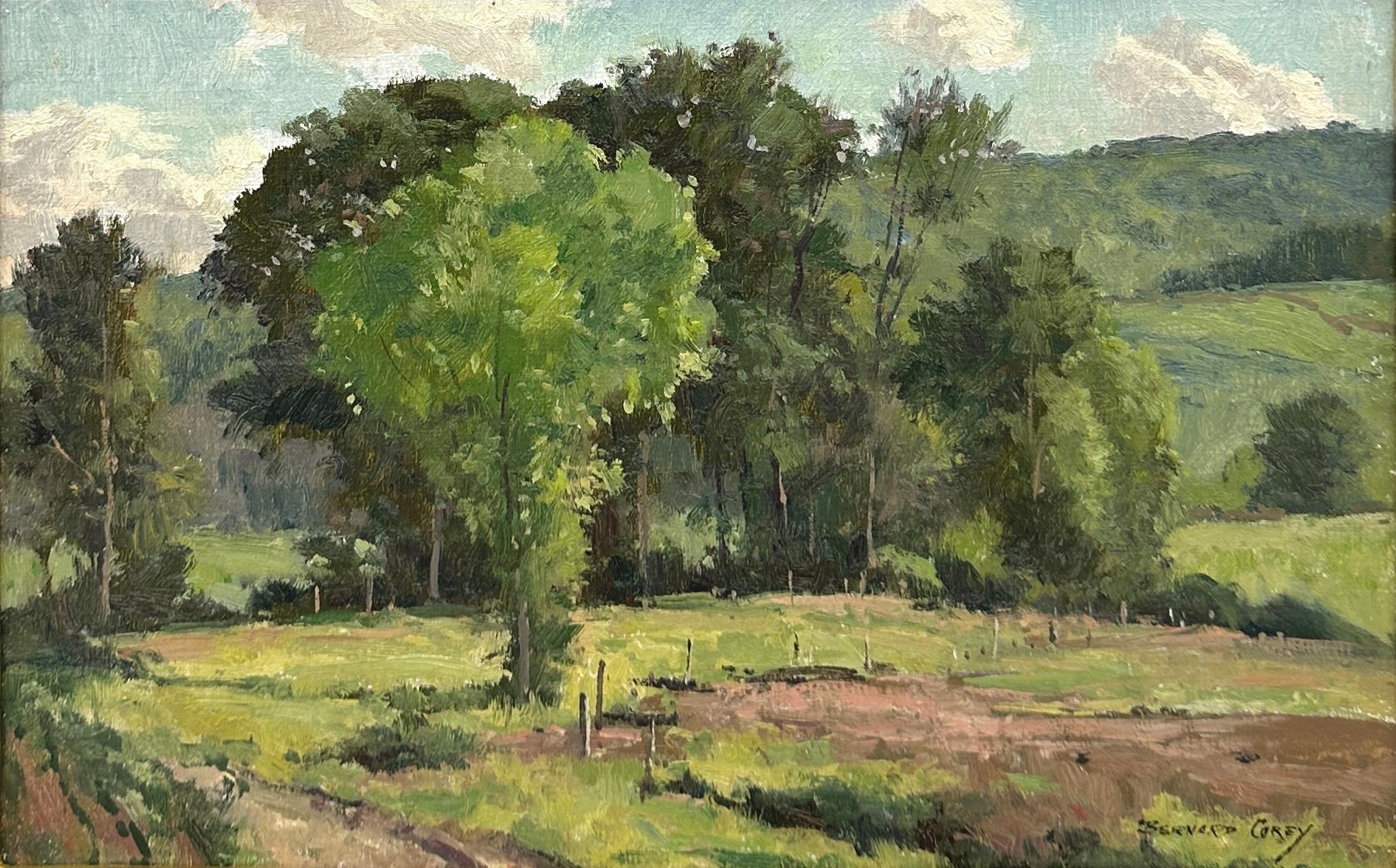 Landscape Painting Bernard Corey - Paysage en plein air d'une sublime pâturage verte par Cape Ann Master