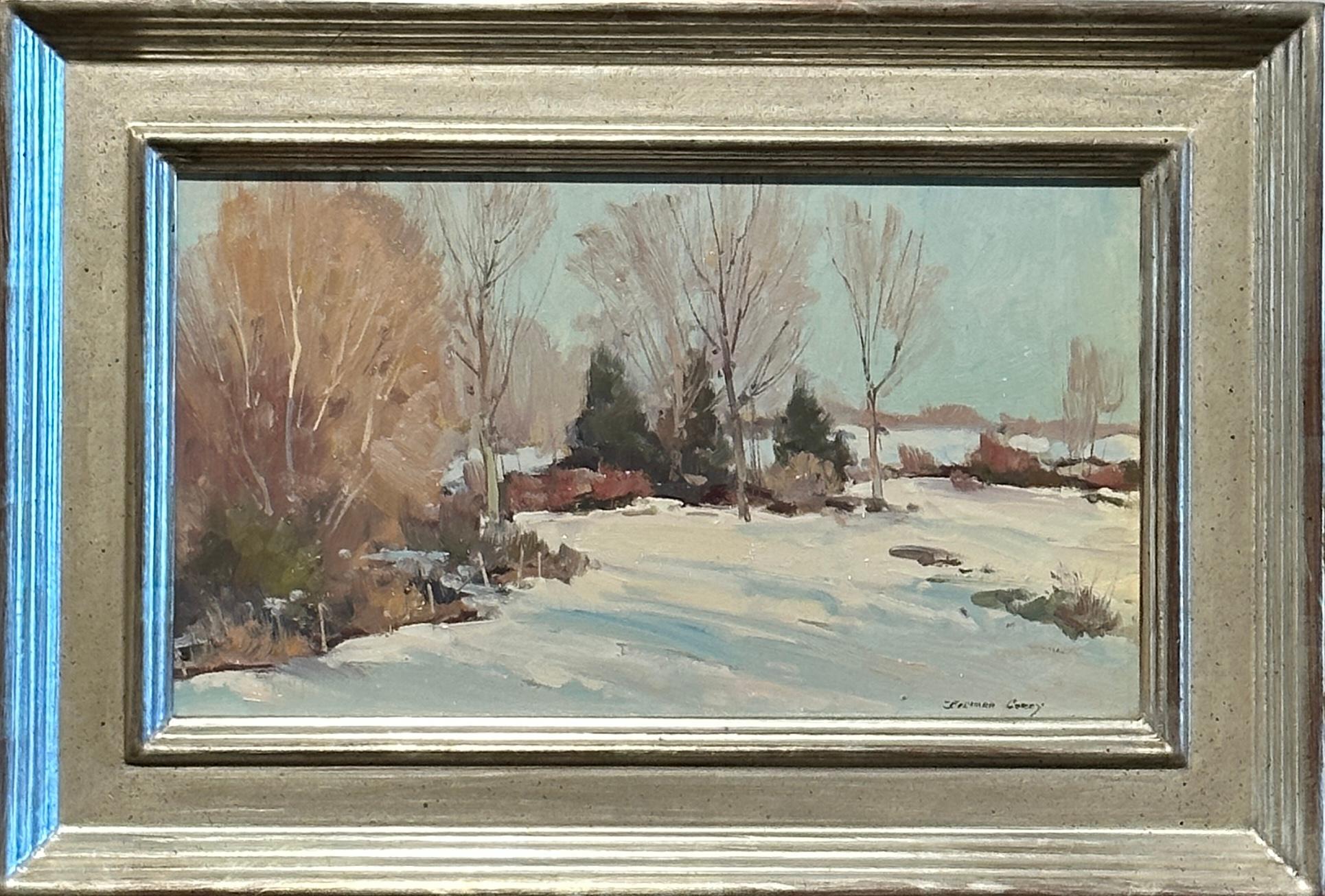 Paysage d'hiver des champs de neige d'un champ  - Painting de Bernard Corey