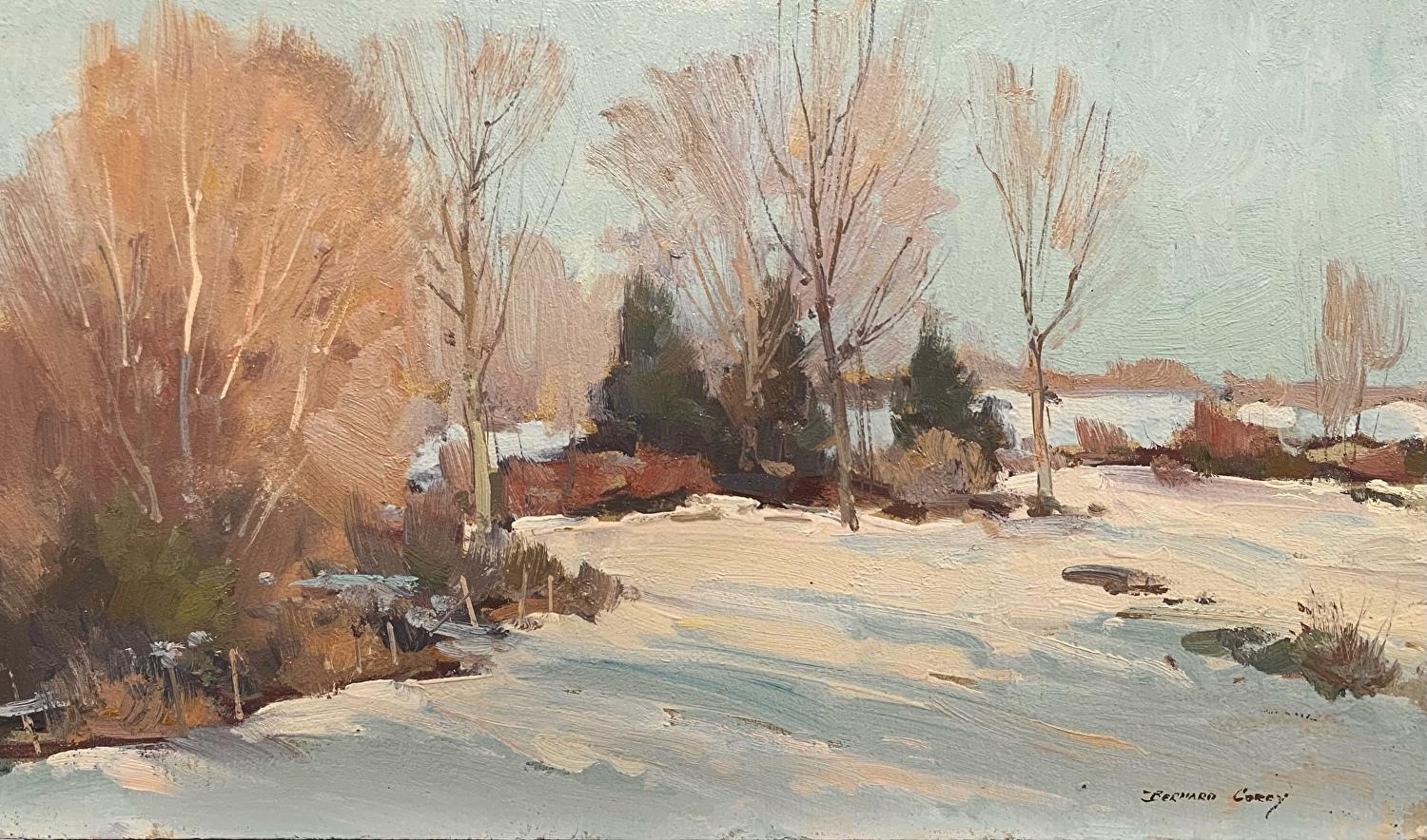 Landscape Painting Bernard Corey - Paysage d'hiver des champs de neige d'un champ 