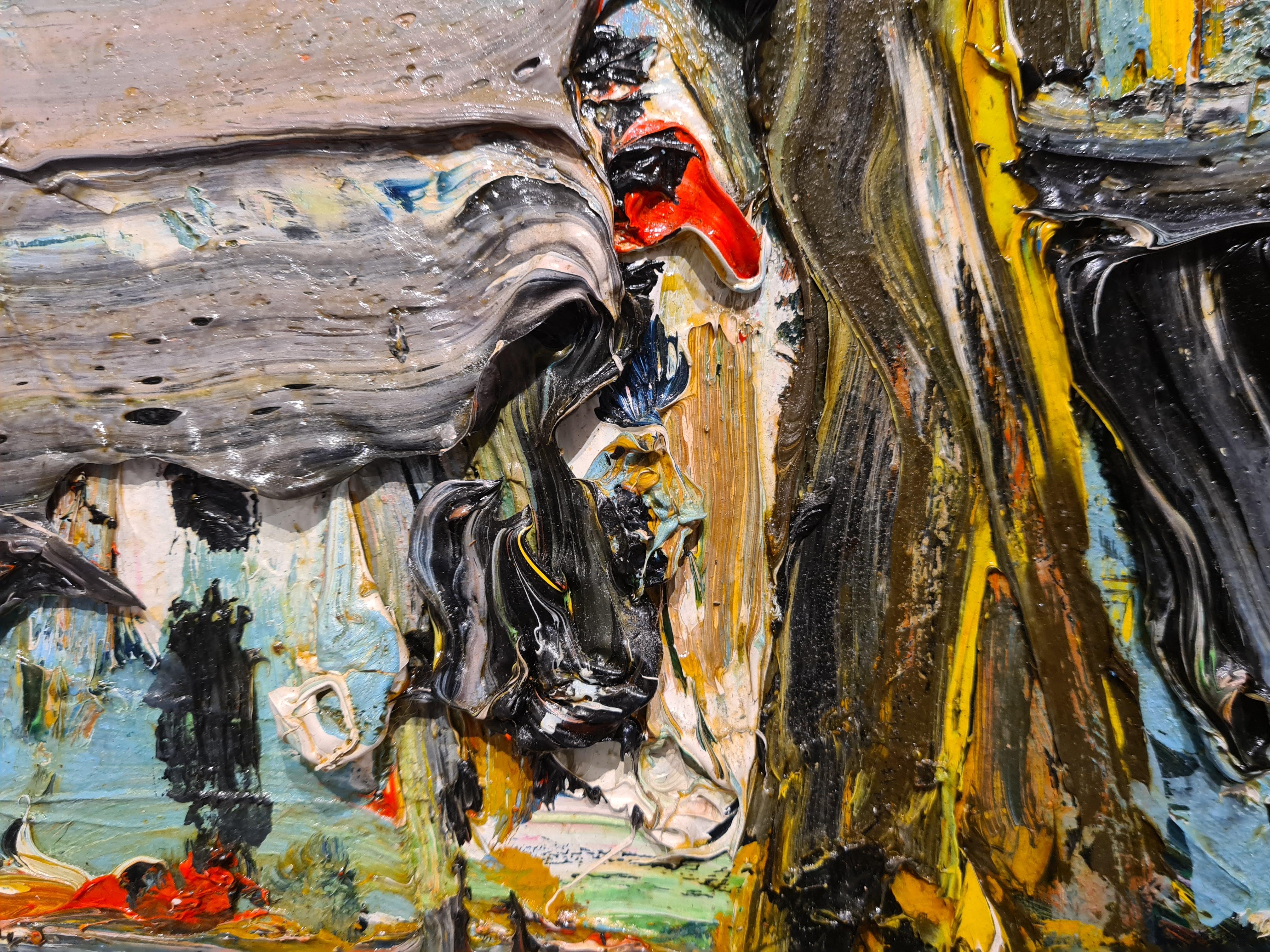 Farbenfrohe pastos gemalte Landschaft an der Côte d'Azur von Bernard Damiano. Das Gemälde ist auf der Vorderseite signiert und auf der Rückseite der Leinwand signiert, betitelt, datiert und mit einer Widmung versehen.

Bernard Damiano ist ein
