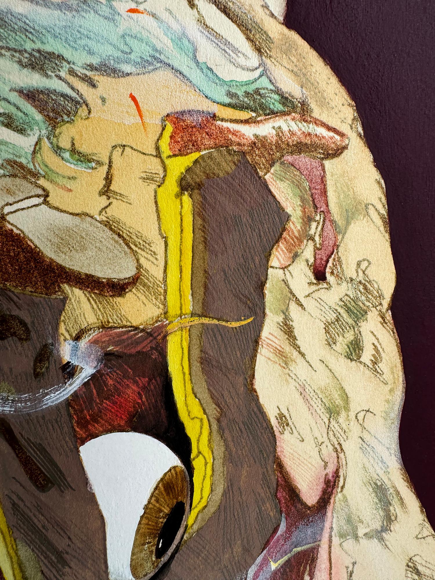 Inspiriert von dem italienischen Künstler Giuseppe Arcimboldo, entwirft der Illustrator Bernard D'Andrea eine verblüffte Person im Profil. Anders als Arcimboldo konstruiert D'Andrea den Kopf eines Mädchens aus Menschen und Dämonen statt aus Gemüse. 