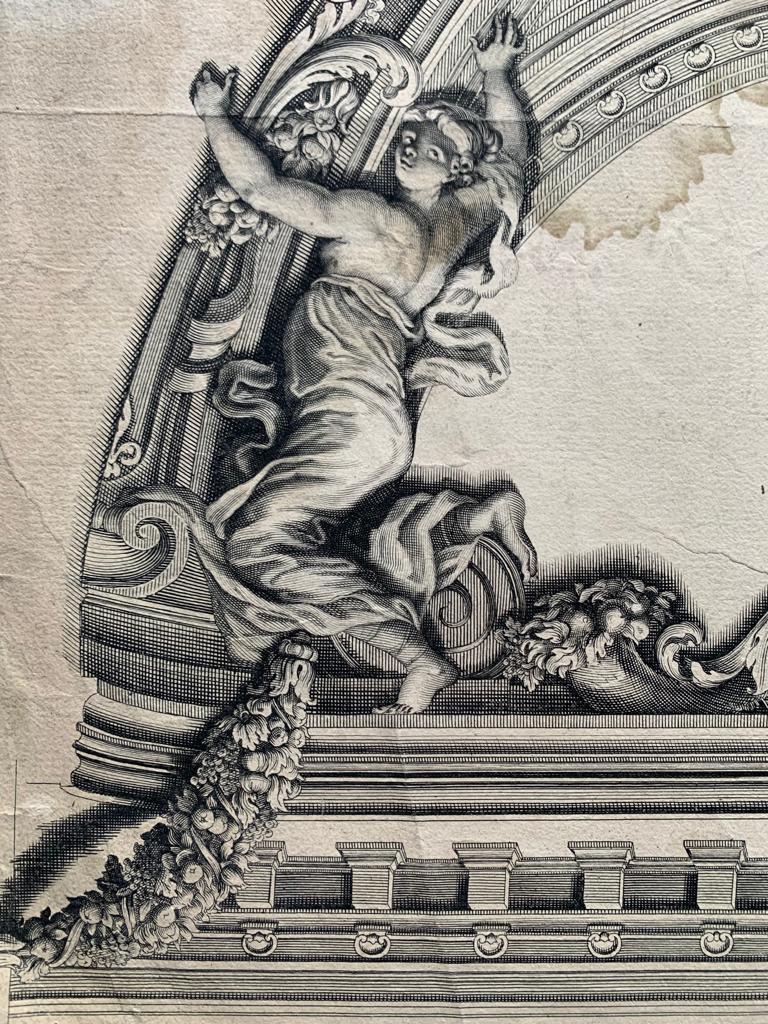 Das schöne Paar großer Stiche von Bernard Bailliu ist eine Darstellung des Werks von Peter von Cortona an der Decke des Venuszimmers im Pitti-Palast. Hier werden 2 der 4 Ecken dieses Raumes vorgestellt. Dieser Stich konzentriert sich nur auf die