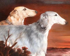Dos Elegantes Perros Borzoi Blancos Frente a un Misterioso Paisaje Rojo y Ámbar Quemado