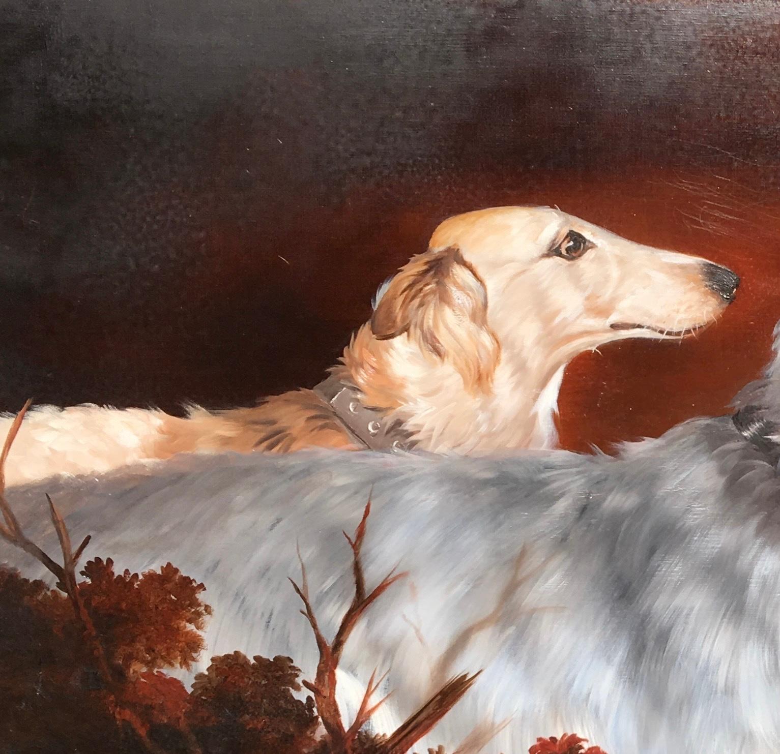 Due eleganti cani borzoi bianchi in un misterioso paesaggio rosso e umido bruciato - Painting Romantico di Bernard de Claviere
