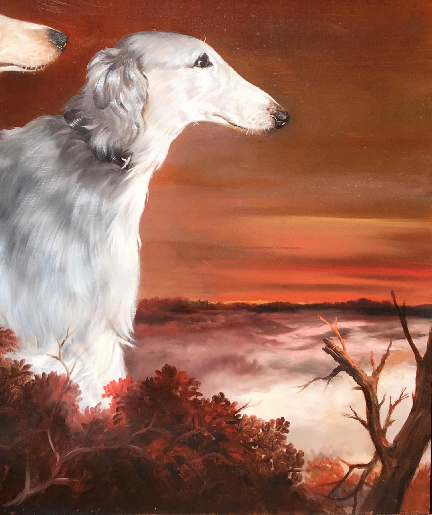 Due eleganti cani borzoi bianchi in un misterioso paesaggio rosso e umido bruciato - Animal Painting Marrone di Bernard de Claviere