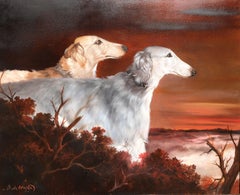 Deux élégants chiens Borzoi blancs contre un paysage mystérieux rouge, brûlé