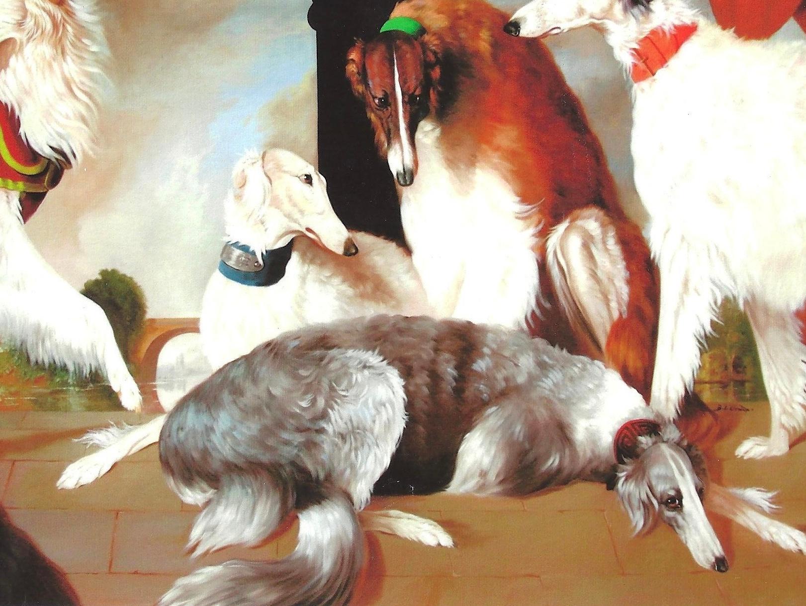 Grande giclée audacieuse et élégante de Borzois en rendez-vous dans un cadre classique - Marron Animal Print par Bernard de Claviere