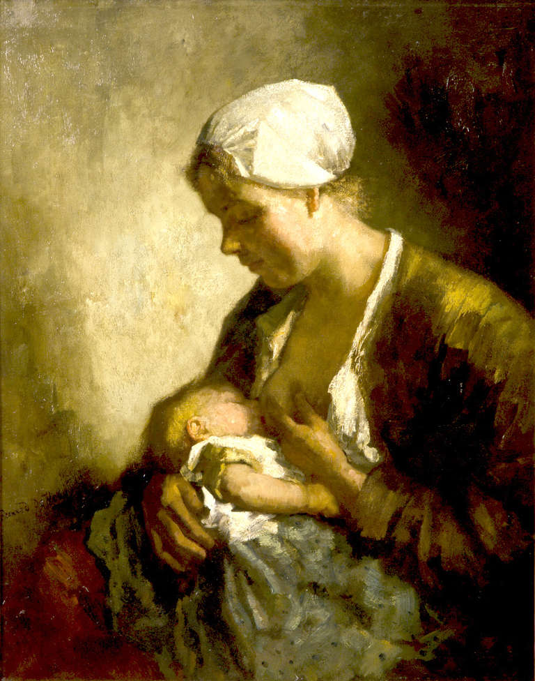 Bernard De Hoog Interior Painting - A Mother's love - Realist, Oil Paint Painting, 20th Century, Nude