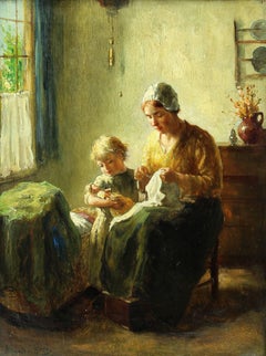 Antique Interior - Mother With Child Holding Doll By Crib