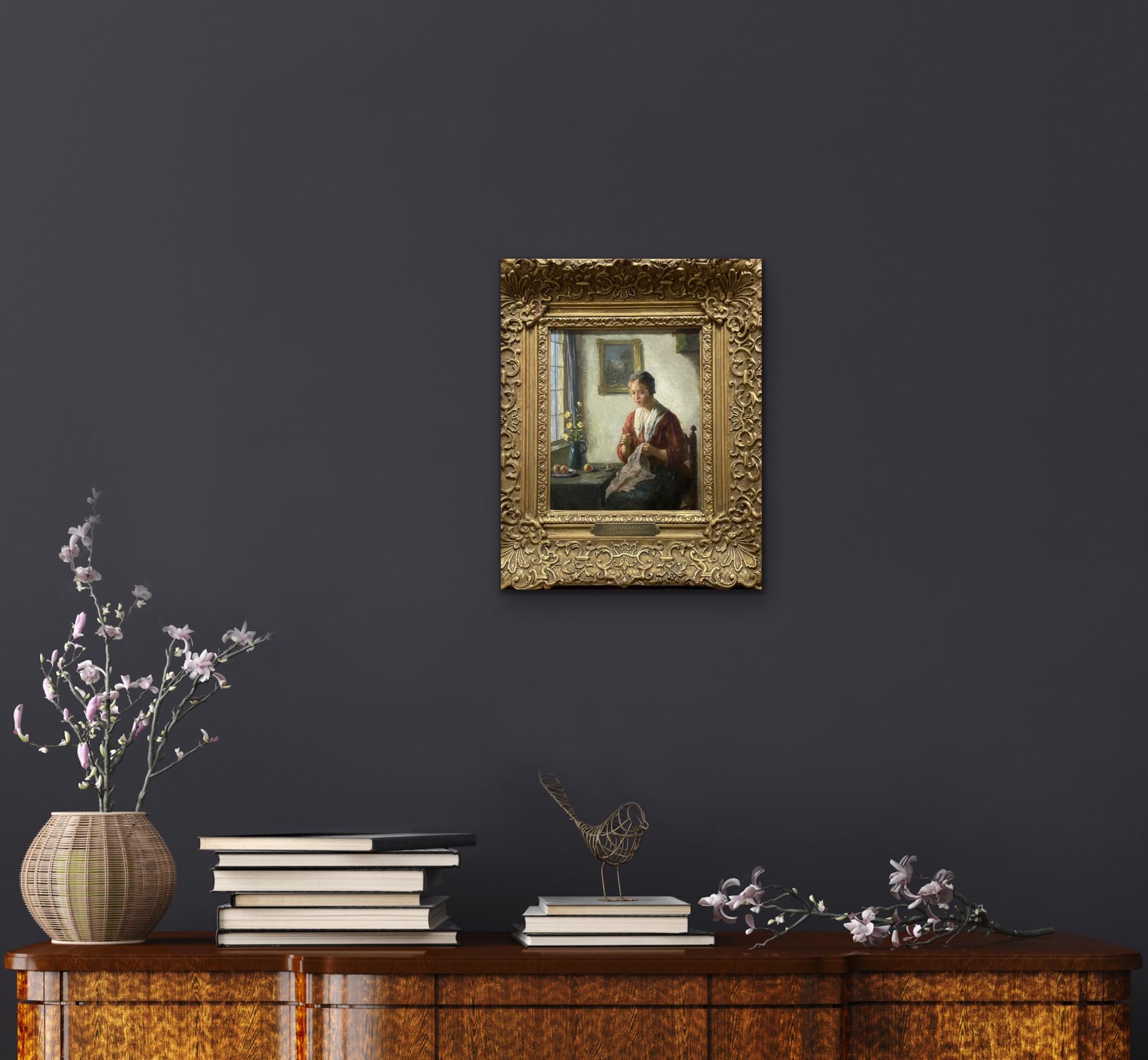 „Meditation“ Niederländische Frau näht Inneneinrichtung, Genre-Hausszene, Obstblumen auf Tisch (Realismus), Painting, von Bernard De Hoog