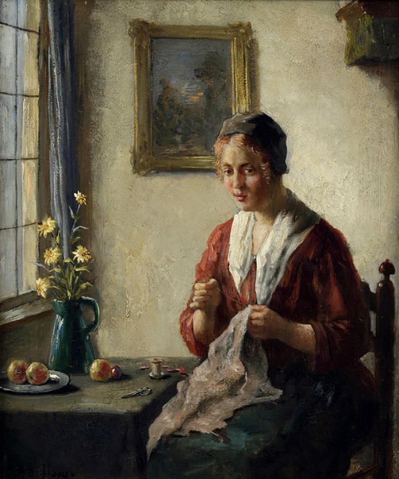 Bernard De Hoog Interior Painting – „Meditation“ Niederländische Frau näht Inneneinrichtung, Genre-Hausszene, Obstblumen auf Tisch