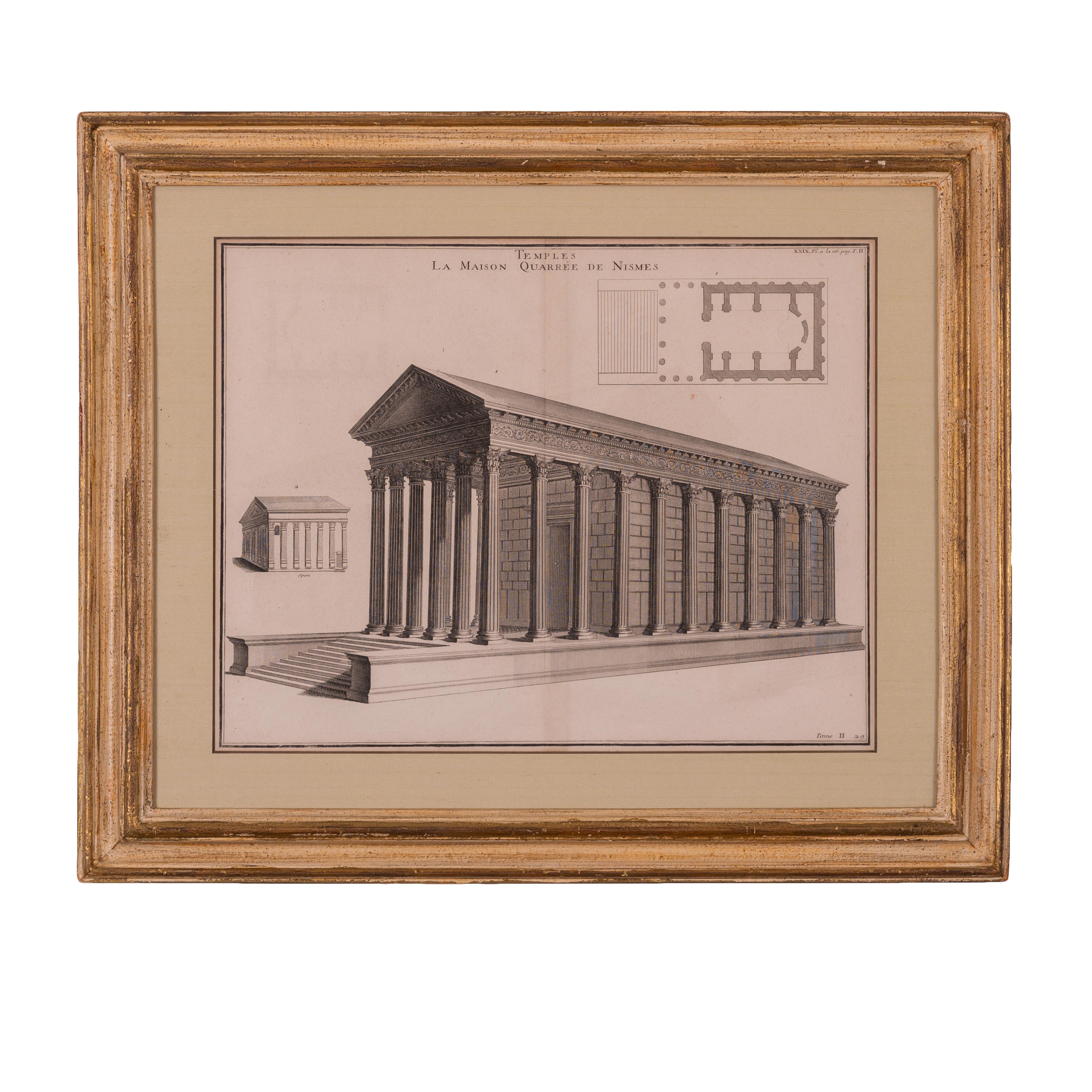 Bernard de Montfaucon 
(Français, 1655-1741)

Cette paire de gravures sur cuivre, représentant des temples romains (dont le temple de Nîmes, en France, ou la Maison Maison), est tirée de L'antiquité expliquée et représentée en figures de Montfaucon,