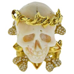 Bernard Delettrez Coral Diamond Sapphire Gold Skull Ring