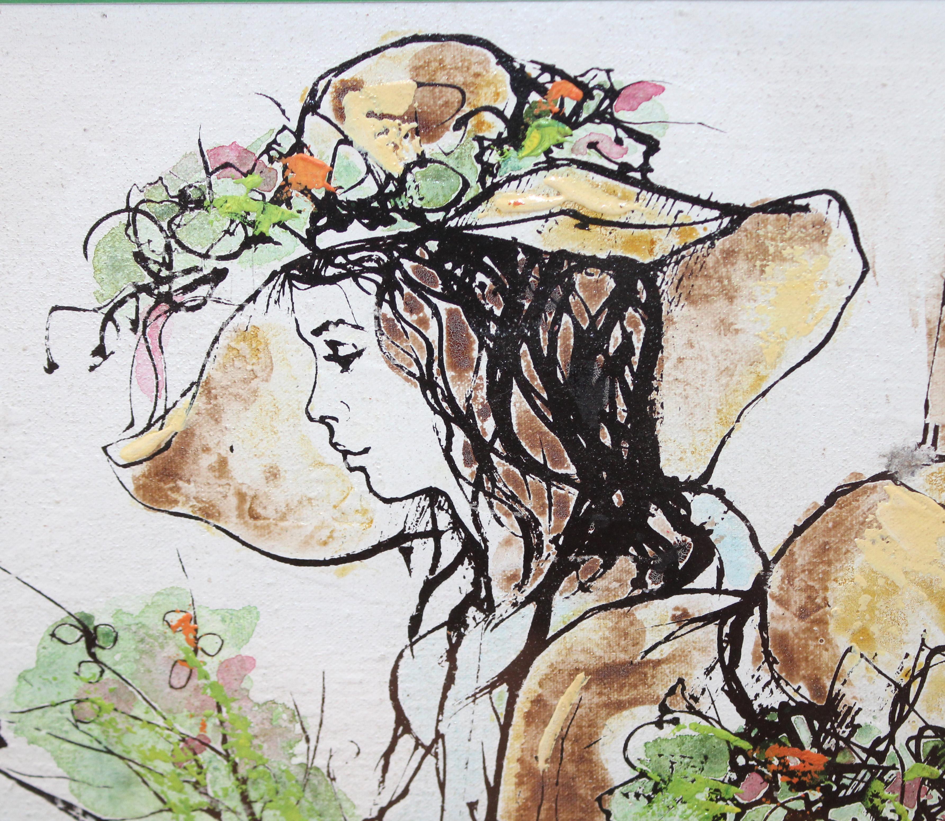 Acrílico sobre panel - Entre flores y sombreros - French School Painting by Bernard Dufour