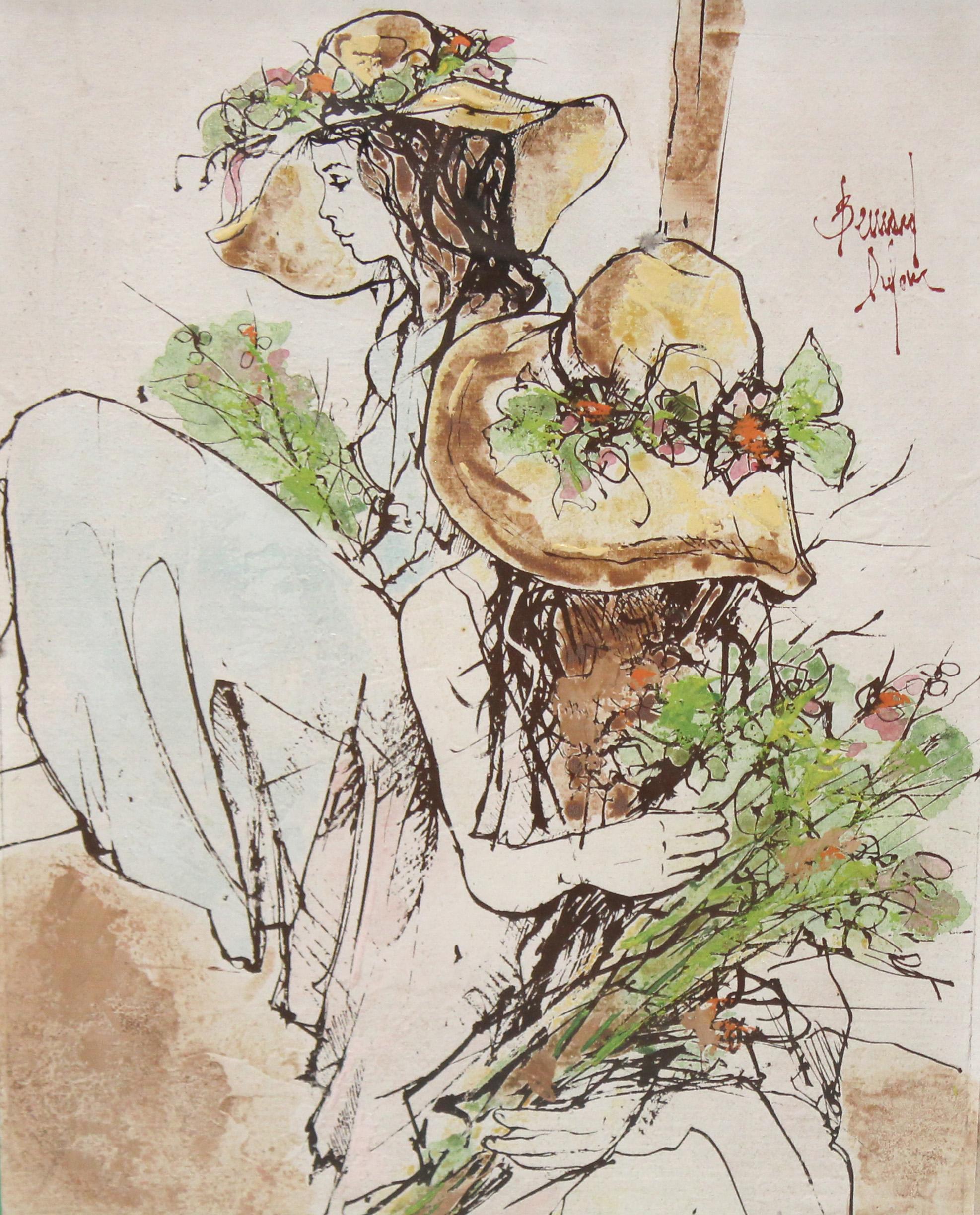 Acrílico sobre panel - Entre flores y sombreros