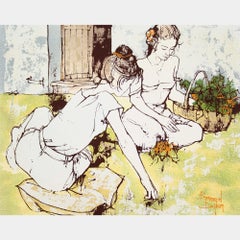 Bernard Dufour, Garden With Two Seated Women, Oil Painting