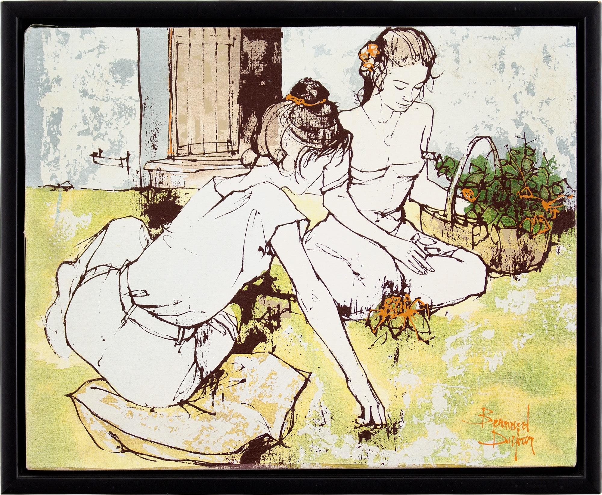 This illustrative early 21st-century oil painting by French artist Bernard Dufour (1922-2016) depicts two women picking flowers from a garden. Dufour has left the figures predominantly uncoloured giving the piece an interesting stylised look. A