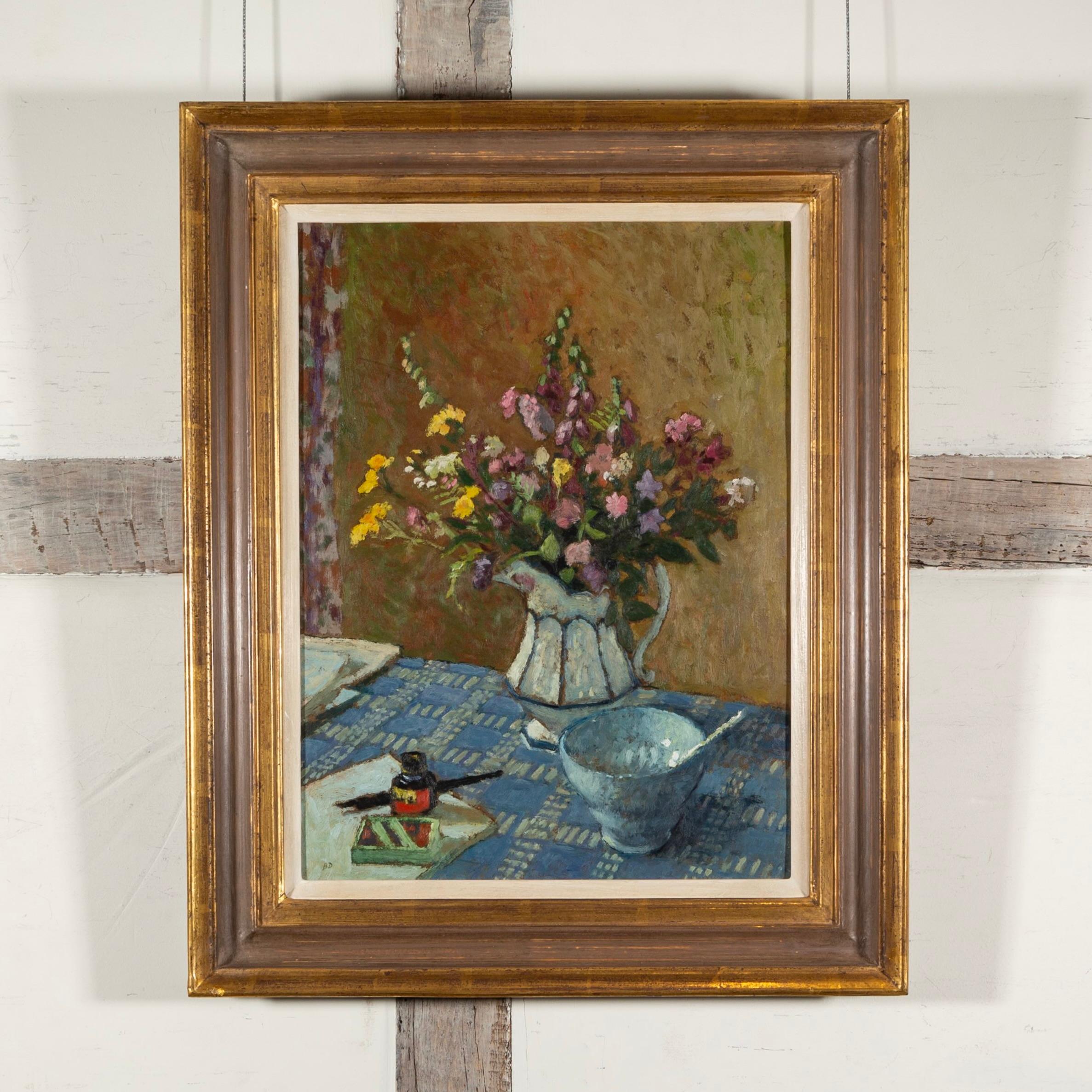 Still Life of Summer Flowers in a Jug with a Bowl - 20th Century Oil Painting - Brown Figurative Painting by Bernard Dunstan