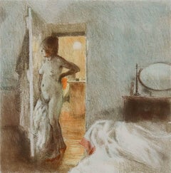 Bernard Dunstan - Lithographie du XXe siècle, « Nu dans la chambre à coucher »