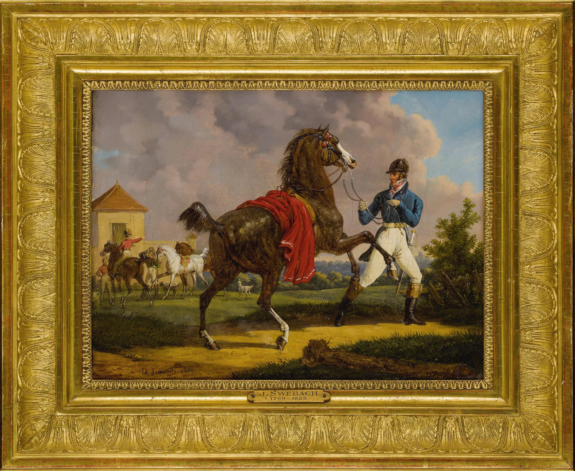 Bernard-Edouard Swebach Animal Painting - Bernard-Ed. Swebach (1800-1870) - Squire training the horse of King Louis XVIII