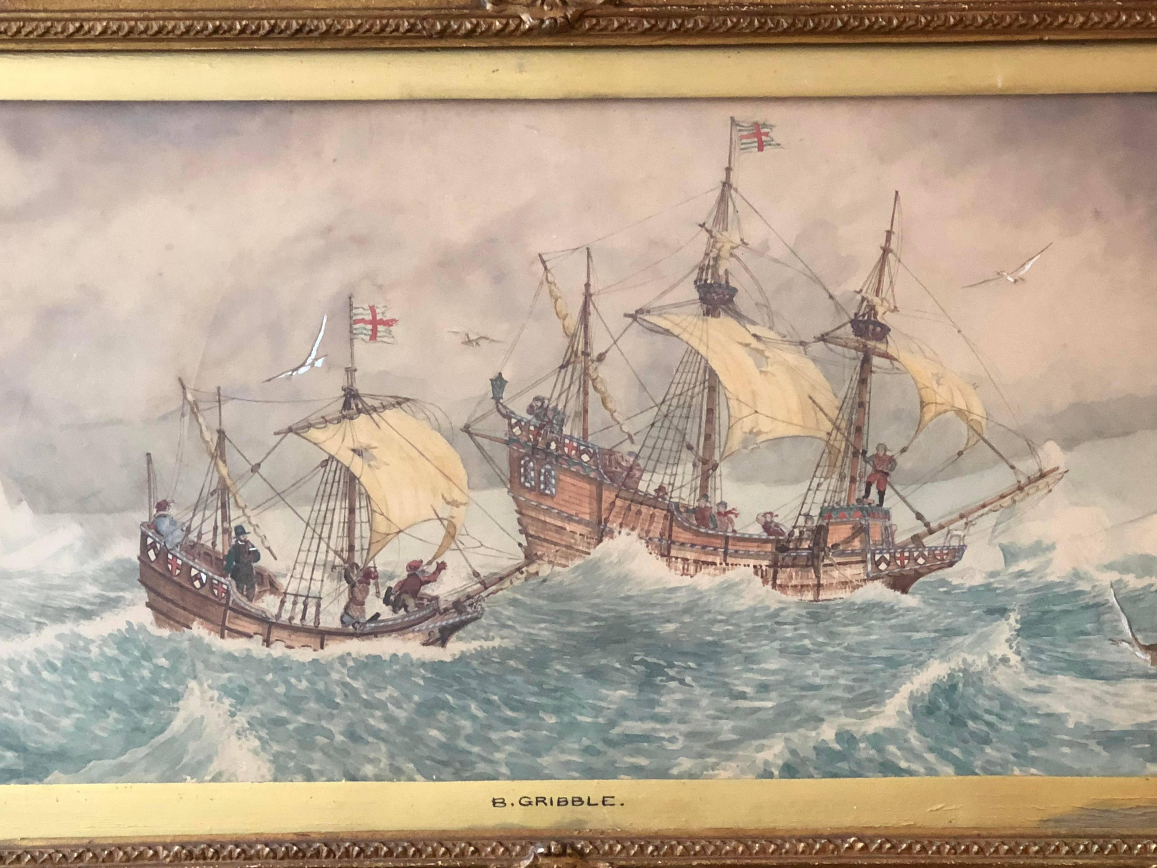 British marine watercolor illustration of ships at sea by B.F. Gribble; framed: 32