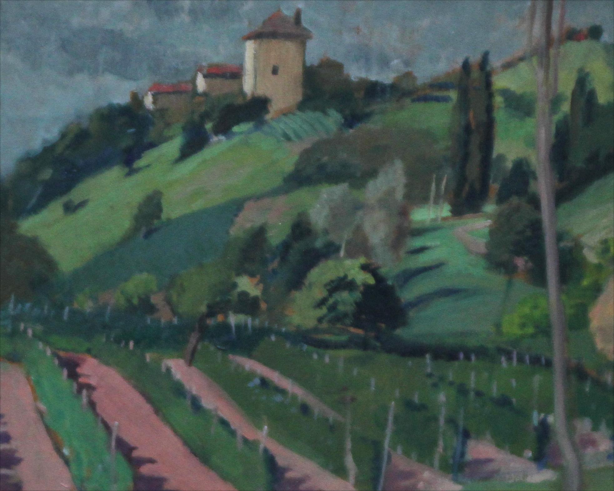 This vibrant Post Impressionist oil on canvas painting is by Bernard Fleetwood Walker circa 1925. The painting is of a French vineyard with the picturesque landscape running up to a hillside village. The impressionist palette really gives one the