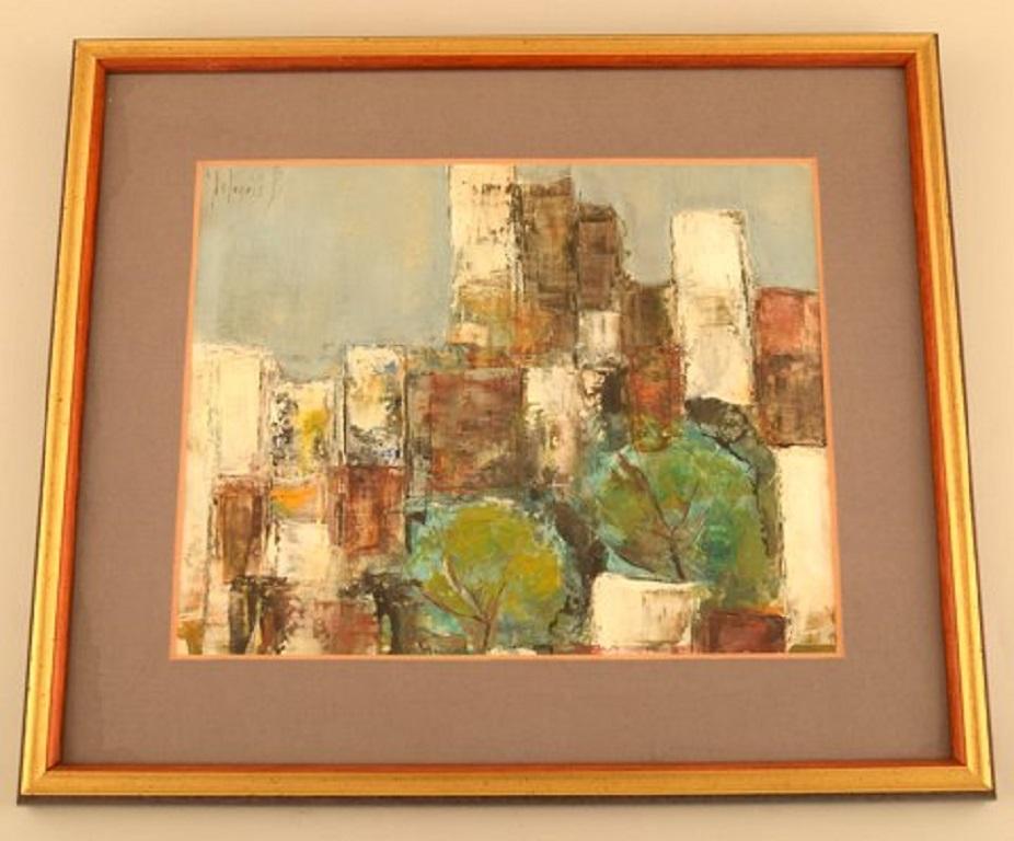Bernard Folinais (born 1938), French painter. Modernist city scenery. Oil on board, circa 1970.
The board measures: 25.5 x 20.5 cm.
The frame measures: 1.5 cm.
In very good condition.
Signed.
   