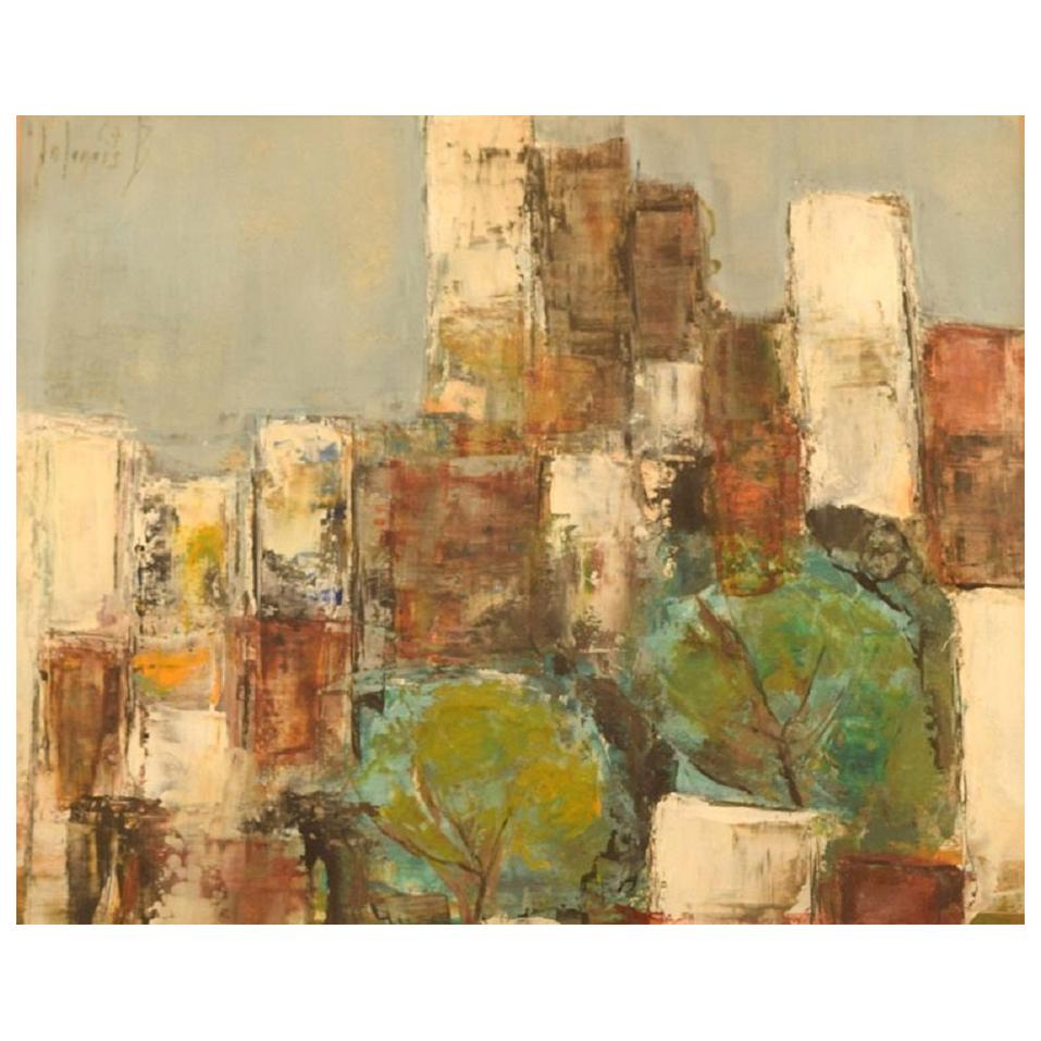 Bernard Folinais, French Painter, Modernist City Scenery, Oil/ Board