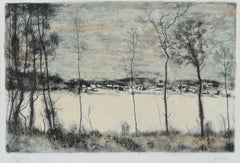 Französische Waldlandschaft Lithographie  "Bord de la Forêt et Maisons Sous la Neig"
