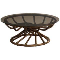 Bernard Govin, Coffee Table, Bamboo, Leather, Glass, France, 1970s